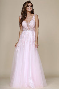 A-Line V-Neck Tulle & Lace Long Formal Prom Dresses