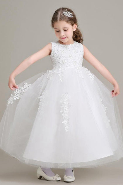 A-Line Sleeveless Lace Applique Beading Flower Girl Dresses