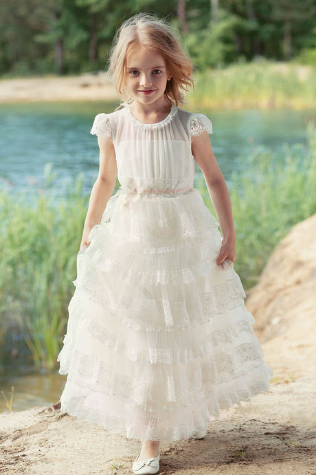 Lace Tiered Flower Girl Dresses with Cap Sleeves