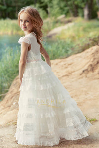 Lace Tiered Flower Girl Dresses with Cap Sleeves