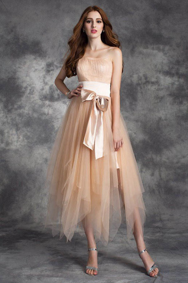 A-Line Strapless Tulle Prom Dresses with Sash