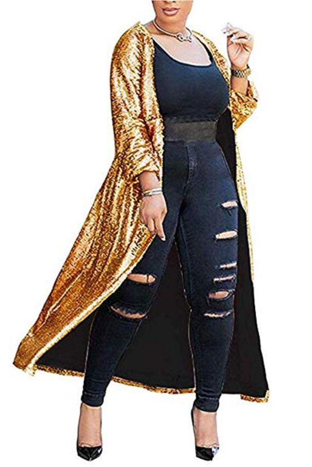 Long Sequin Open-Front Cardigan