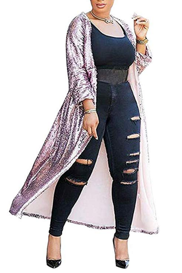 Long Sequin Open-Front Cardigan