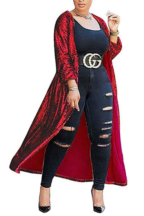 Long Sequin Open-Front Cardigan
