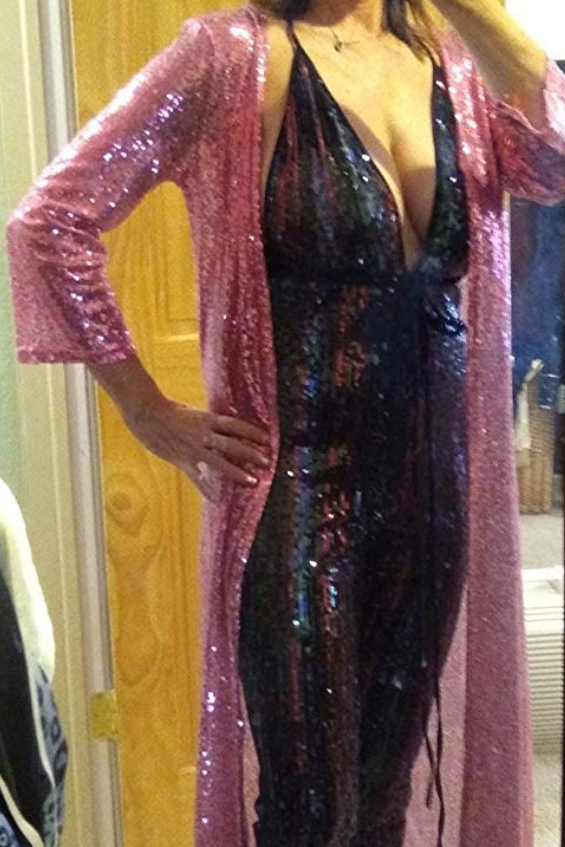 Long Sequin Open-Front Cardigan