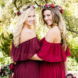 Off-the-Shoulder Chiffon Column Bridesmaid Dress with Ruffle