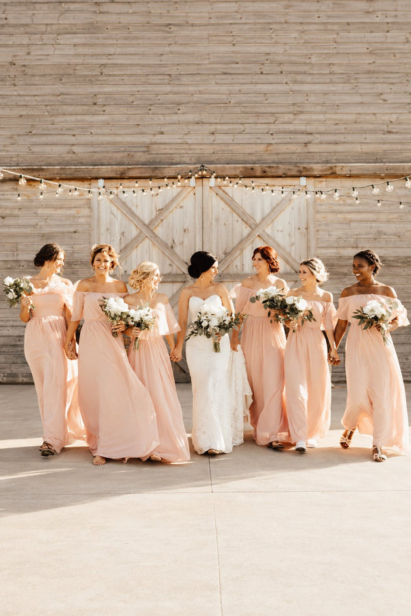 Off-the-Shoulder Chiffon Column Bridesmaid Dress with Ruffle