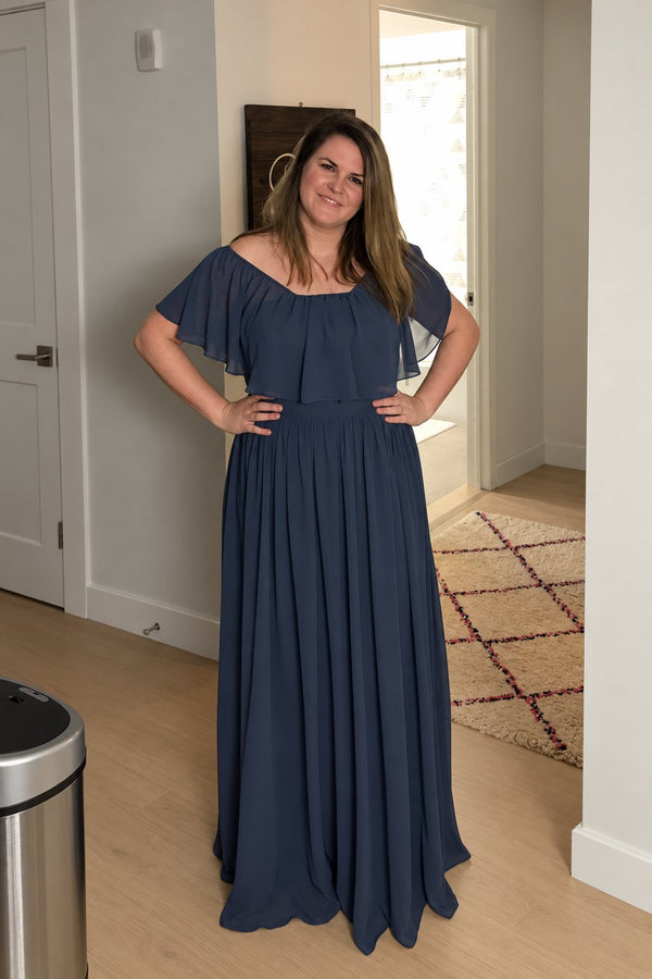 Off-the-Shoulder Chiffon Column Bridesmaid Dress with Ruffle