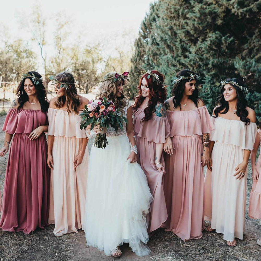 Off-the-Shoulder Chiffon Column Bridesmaid Dress with Ruffle