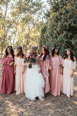 Off-the-Shoulder Chiffon Column Bridesmaid Dress with Ruffle