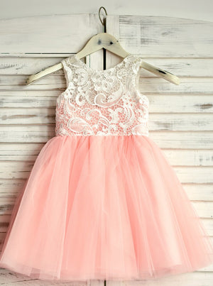 Ivory-Pearl Pink Tea-Length Lace and Tulle Flower Girl Dress with Button Back