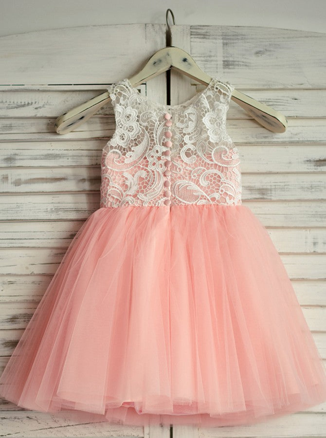 Tea-Length Lace and Tulle Flower Girl Dress with Button Back