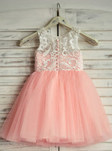 A-Line Round Neck Short Cute Tulle Flower Girl Dress with Lace