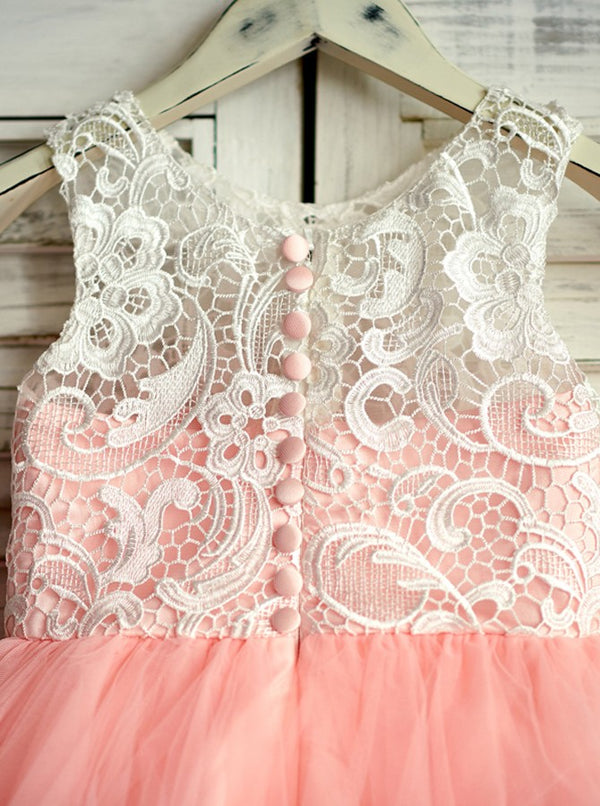 Ivory-Pearl Pink Tea-Length Lace and Tulle Flower Girl Dress with Button Back