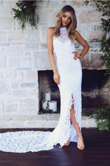 High Neck Sheath/Column Backless Lace Boho Wedding Dress with Long Train