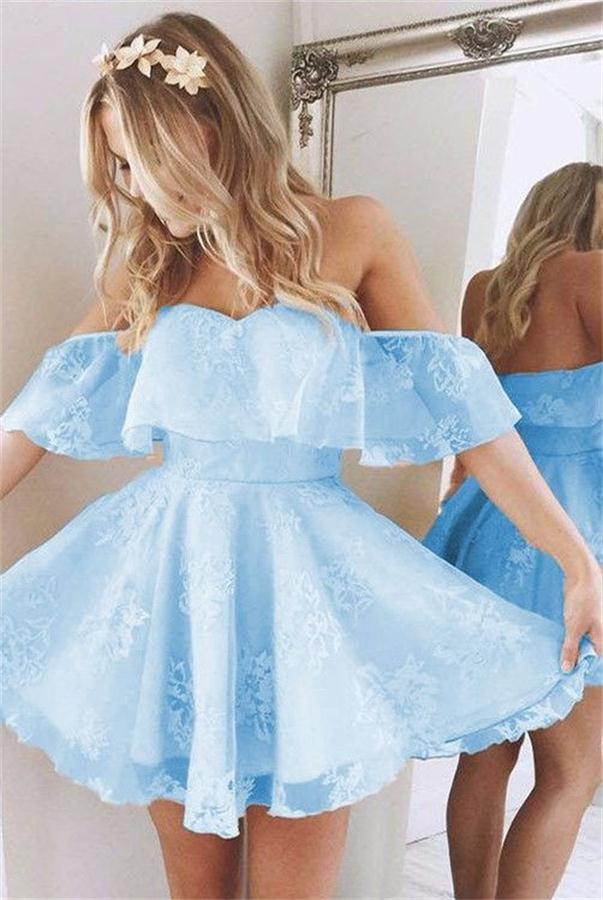 A-Line Off-the-Shoulder Short Pearl Pink Lace Homecoming