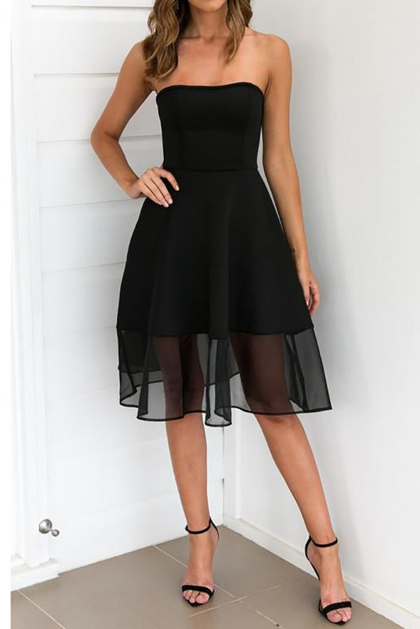 Short Strapless A-Line Cocktail Dress with Sheer Tulle Hem