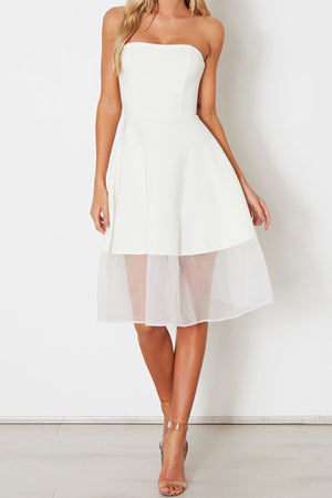 Ivory Short Strapless A-Line Cocktail Dress with Sheer Tulle Hem