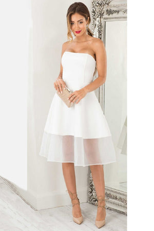 Ivory Short Strapless A-Line Cocktail Dress with Sheer Tulle Hem