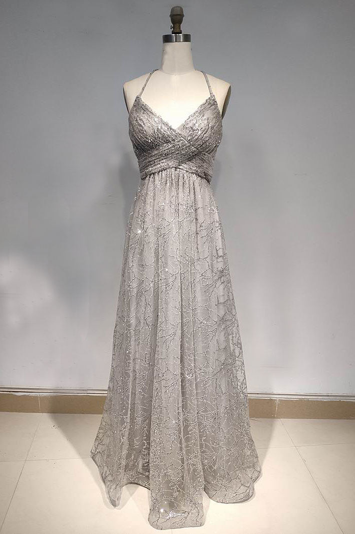 A Line Spaghetti Straps/Halter Shiny Dresses with Criss-cross Back Main image