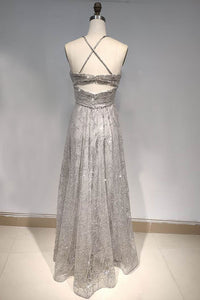 A Line Spaghetti Straps/Halter Shiny Dresses with Criss-cross Back
