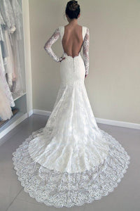 Sexy Trumpet/Mermaid Long Sleeves Open Back Sweep Tain Lace Wedding Dress