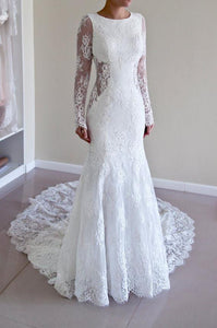 Sexy Trumpet/Mermaid Long Sleeves Open Back Sweep Tain Lace Wedding Dress