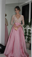 A-line/Princess Full/Long Sleeves V-neck Beading Long Taffeta Formal Prom Dresses with Pockets