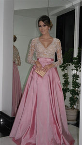 A-line/Princess Full/Long Sleeves V-neck Beading Long Taffeta Formal Prom Dresses with Pockets