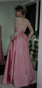 A-line/Princess Full/Long Sleeves V-neck Beading Long Taffeta Formal Prom Dresses with Pockets