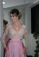 A-line/Princess Full/Long Sleeves V-neck Beading Long Taffeta Formal Prom Dresses with Pockets