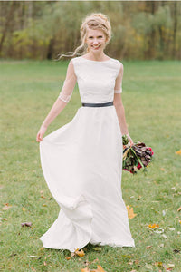 A-Line Bateau Chiffon Simple Wedding Dresses with 1/2 Sleeves