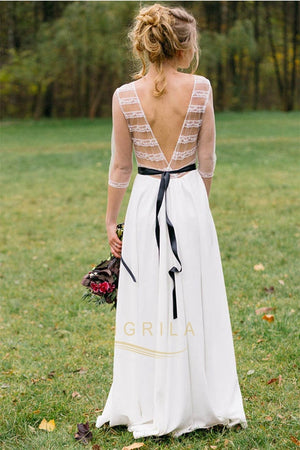 A-Line Bateau Chiffon Simple Wedding Dresses with 1/2 Sleeves