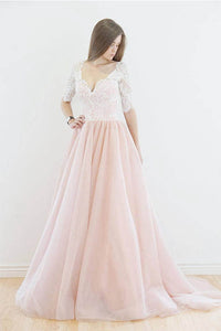 V-Neck Lace Bodice Long Prom Dresses with 1/2 Sleeves