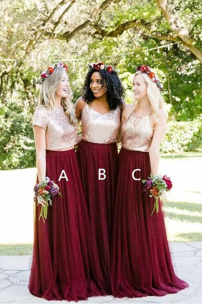 Two Piece Burgundy Sequin Bridesmaid Dresses Main image