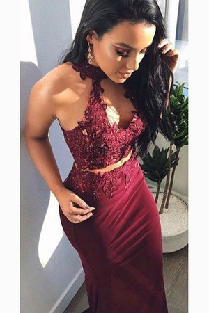 Two Piece Sheath Appliques Lace Halter and Open Back Evening Dress
