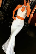 Two Piece Sheath Appliques Lace Halter and Open Back Evening Dress