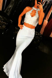 Two Piece Sheath Appliques Lace Halter and Open Back Evening Dress