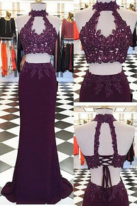 Two Piece Sheath Appliques Lace Halter and Open Back Evening Dress