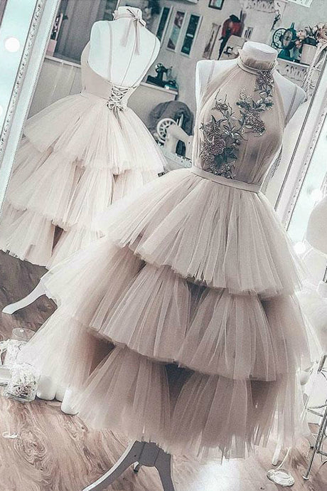 High Neck Halter Tulle Ball Gown Prom Dress with Lace