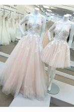 Light Pink Tulle V Neck Applique Lace Wedding Dress/Prom Dress
