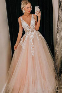 Light Pink Tulle V Neck Applique Lace Wedding Dress/Prom Dress