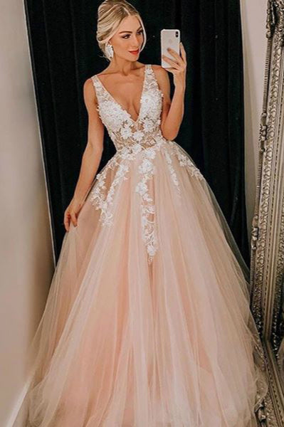 Light Pink Tulle V Neck Applique Lace Wedding Dress/Prom Dress