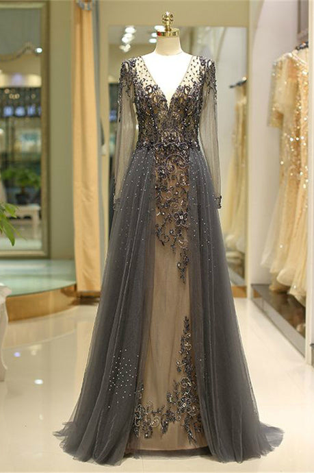 V Neck Tulle Prom Gown with Long Sleeves Beading Evening Dress