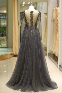 V Neck Tulle Prom Gown with Long Sleeves Beading Evening Dress