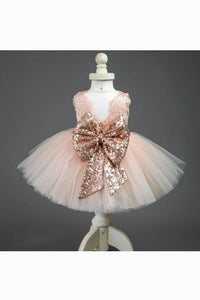 Cute Jewel Lace Flower Girl Ball Gown Dress with Bow and Sequins