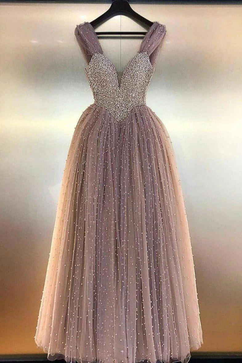 Ball Gown Beads V-neck Floor Length Prom Dresses