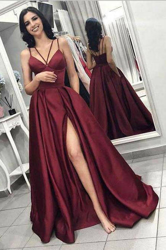 Burgundy Spaghetti Straps Satin Prom Dress with Pockets and Split