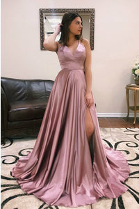 V-Neck Sweep Train Cross Back Prom Dresses with Split