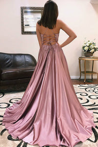 V-Neck Sweep Train Cross Back Prom Dresses with Split